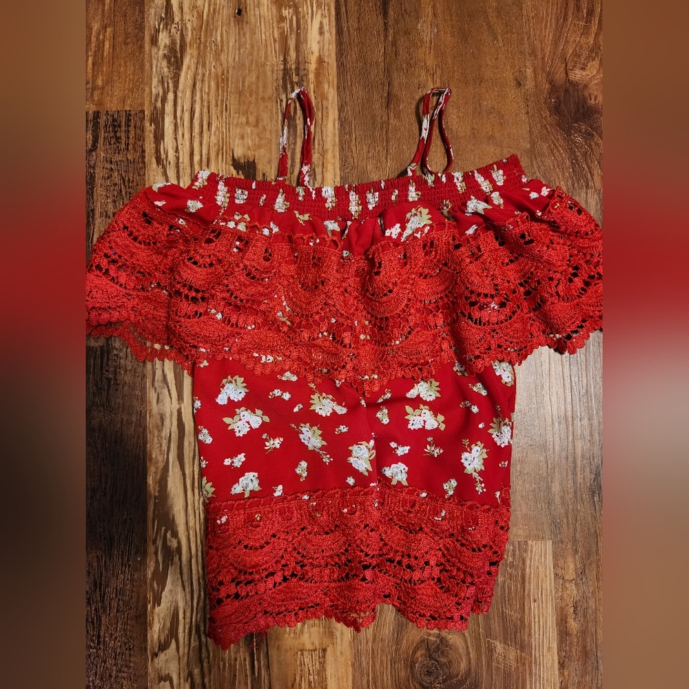 Pretty red floral off shoulder shirt